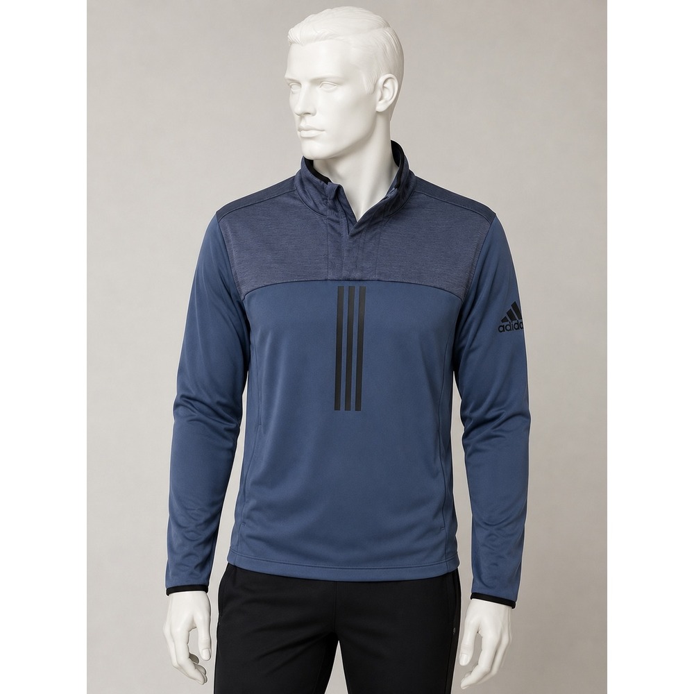 Adidas Mens Blue Heathered Mock Neck Snap Pullover Athletic Sweatshirt Top